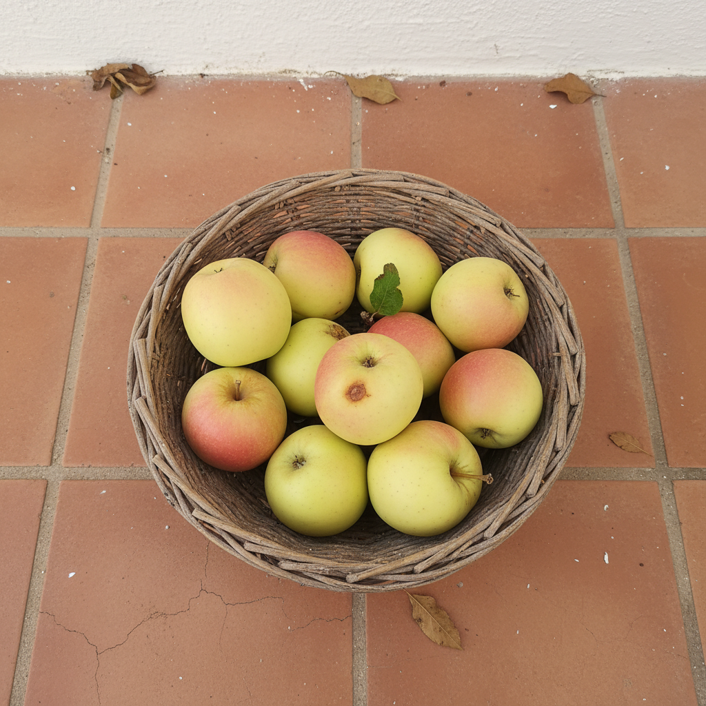 Manzanas Verdedoncella verde amarillentas con chapeta rosada en una cesta de mimbre sobre baldosas de barro.