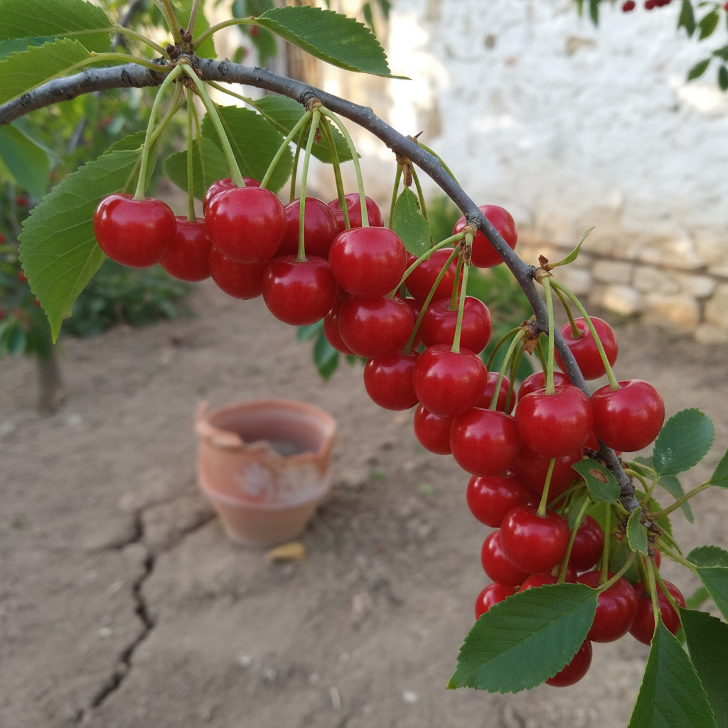 Guindas Montmorency rojas brillantes colgando entre hojas verdes de un guindo en un huerto del interior.