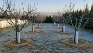 Pequeño huerto familiar con manzanos y guindos jóvenes en una ladera del interior de Castilla y León al amanecer de invierno.