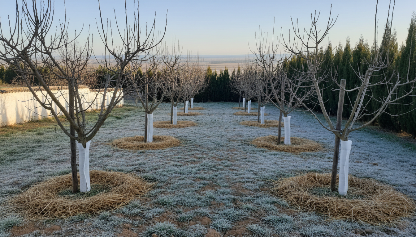 Pequeño huerto familiar con manzanos y guindos jóvenes en una ladera del interior de Castilla y León al amanecer de invierno.