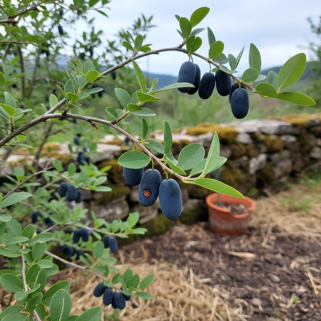 Bayas alargadas azul oscuro de camerisa en una rama con hojas, jardín del norte de España.