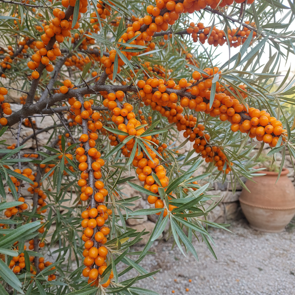 Ramas de espino amarillo cubiertas de bayas naranjas brillantes en un jardín de montaña del norte.