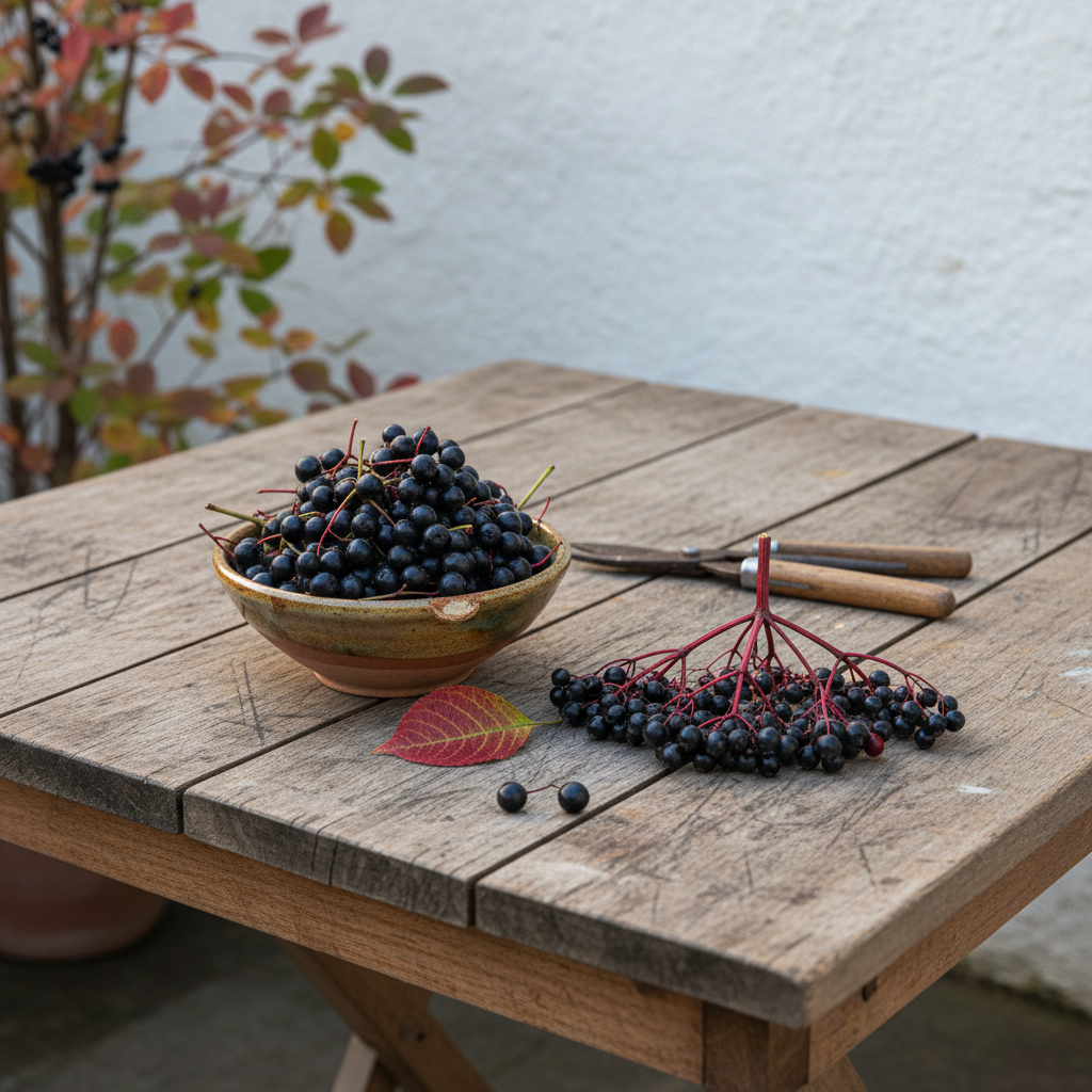 Racimos de bayas oscuras de aronia y umbela negra de saúco junto a un cuenco de cerámica en una mesa de jardín.