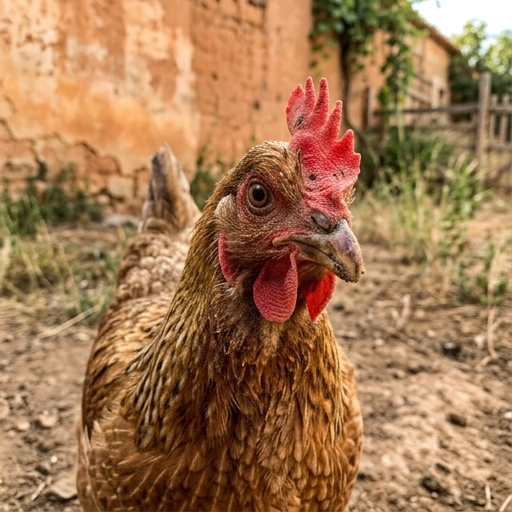 Gallina mirando directamente a cámara, primer plano, con fondo de corral desenfocado.