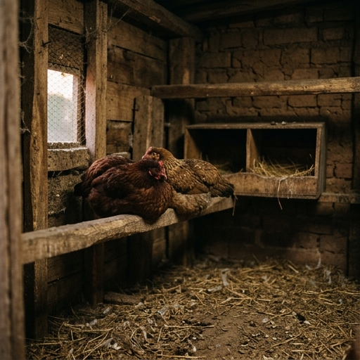 Dos gallinas posadas juntas en un palo de percha dentro de un gallinero rústico, tarde.