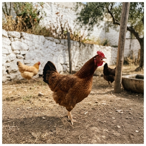 Gallina emitiendo llamada con pico abierto en corral al aire libre, otras gallinas al fondo.