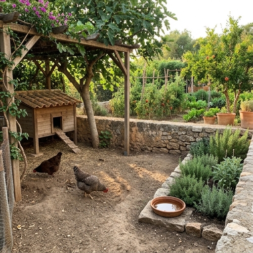 Corral de huerto doméstico con zona de sombra, plantas aromáticas y suelo variado para gallinas.