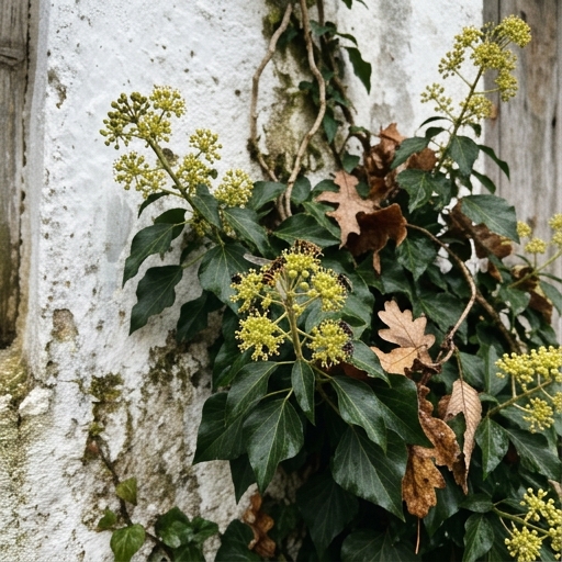 Hiedra común (Hedera helix) con flores amarillo-verdosas de otoño en muro encalado, con moscas polinizadoras visibles.