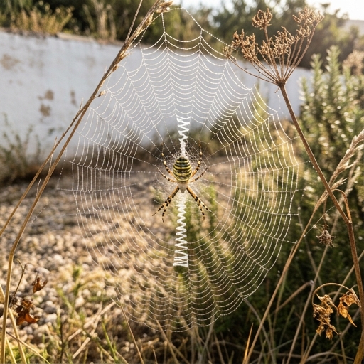 Tela de araña de jardín (Argiope bruennichi) con zigzag de seda entre tallos de vegetación en jardín español de verano.