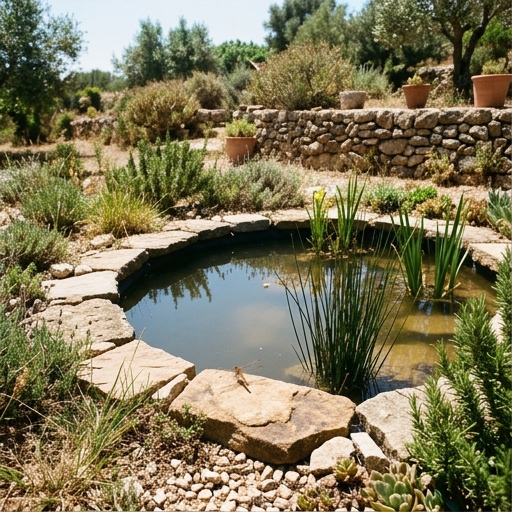 Charca pequeña en jardín con piedras planas en el borde, libélula posada y vegetación acuática emergente, España.