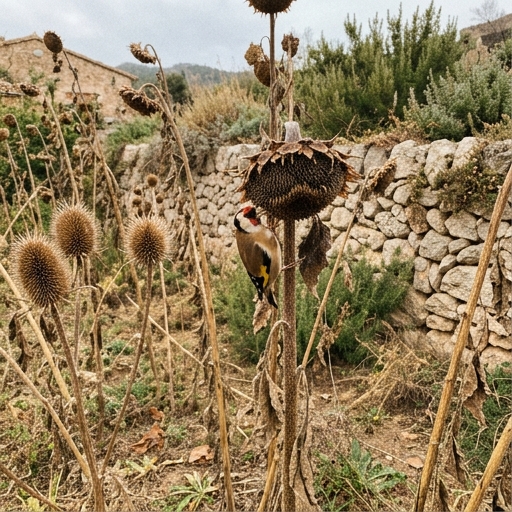 Tallos secos de girasol y cardos dejados en pie en otoño con semillas visibles, jilguero posado comiendo.