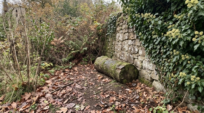 Rincón de jardín con hojarasca acumulada, tronco en descomposición e hiedra (Hedera helix) sobre muro de piedra.