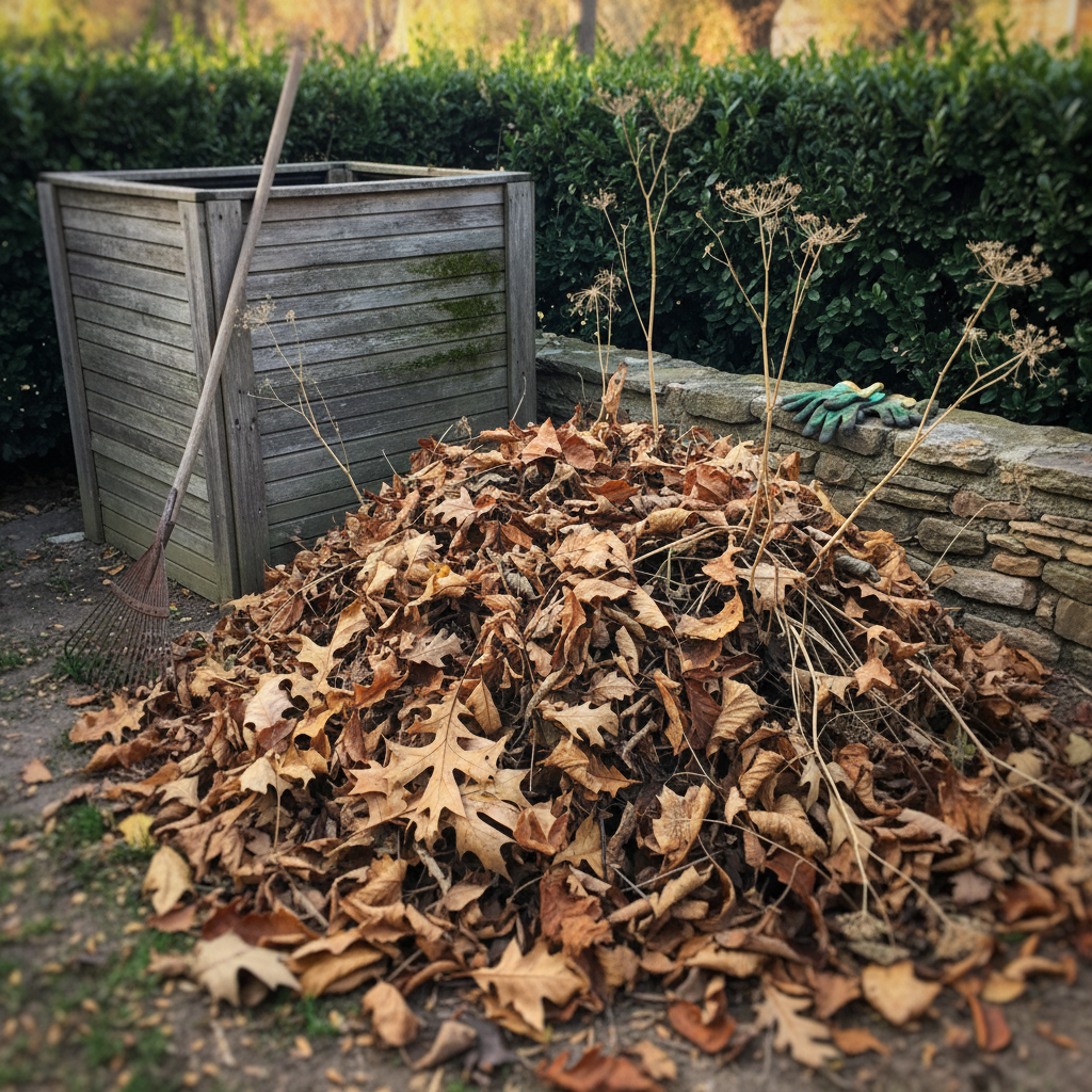 Montón de hojas secas acumulado a la sombra detrás de un compostero de madera en un jardín español