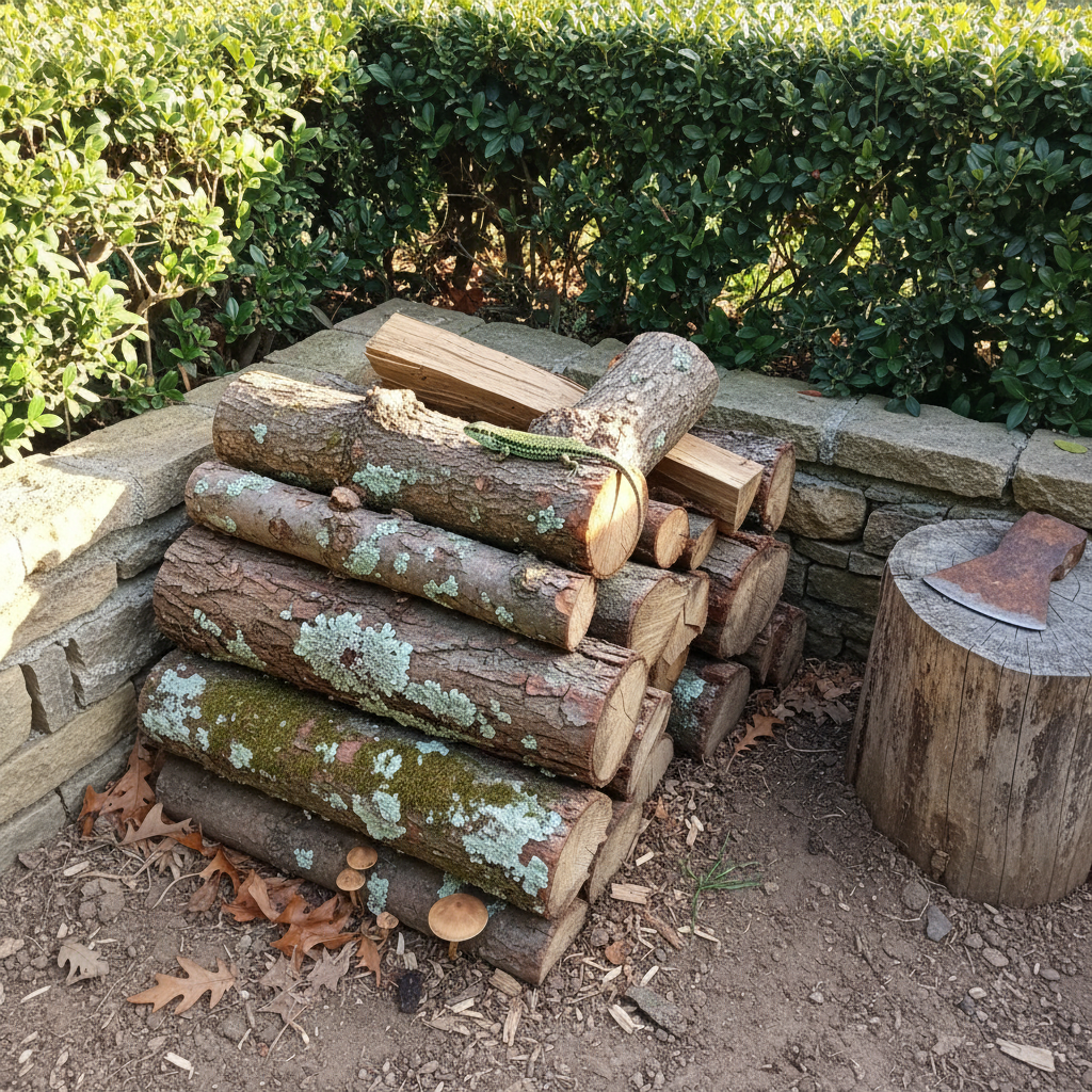 Pila de troncos viejos de encina y pino apilados sobre el suelo en un rincón sombreado del jardín