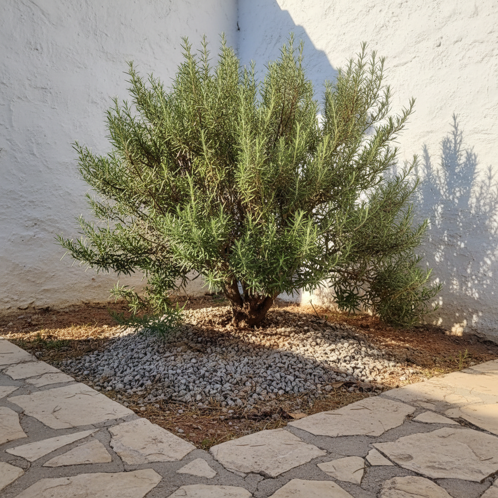 Mata de romero 'Arp' plantada al pie de un muro encalado del sur, con gravilla de drenaje rodeando la base.
