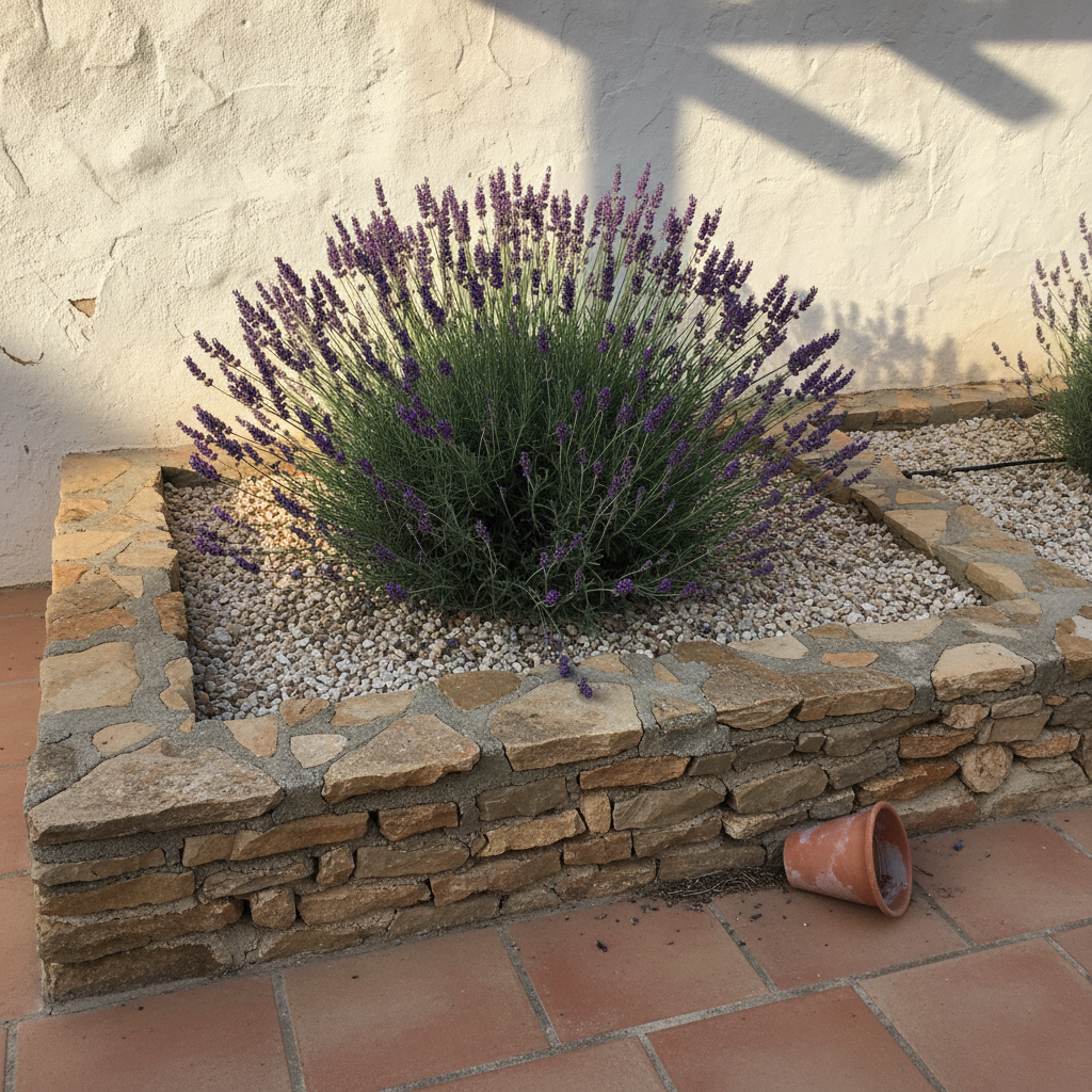 Mata de lavanda 'Hidcote' en flor sobre bancal elevado de piedra, con áridos claros rodeando la corona.