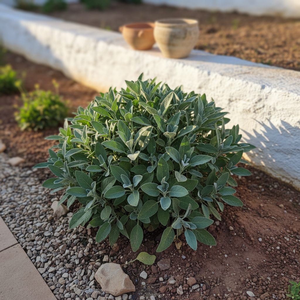 Mata de salvia 'Berggarten' con hojas anchas grises agrupadas en un borde mixto de jardín español.