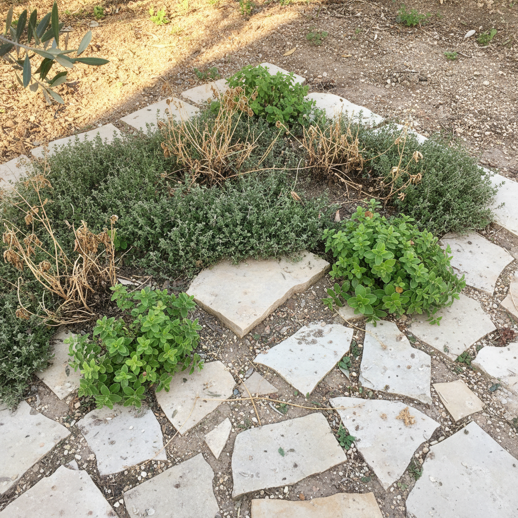 Alfombra baja de tomillo común y orégano creciendo entre piedras en un parterre soleado español.