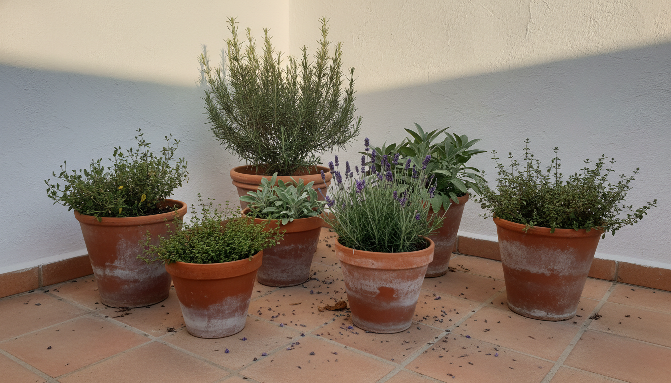 Macetas de barro con romero, lavanda, salvia y tomillo agrupadas junto a un muro encalado bajo sol mediterráneo.