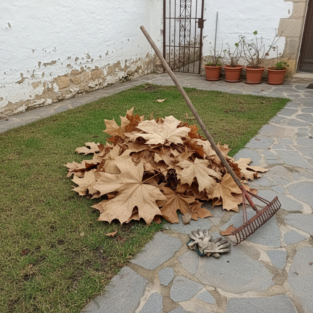 Hojas enormes de plátano de sombra rastrilladas en una pila sobre un césped urbano español