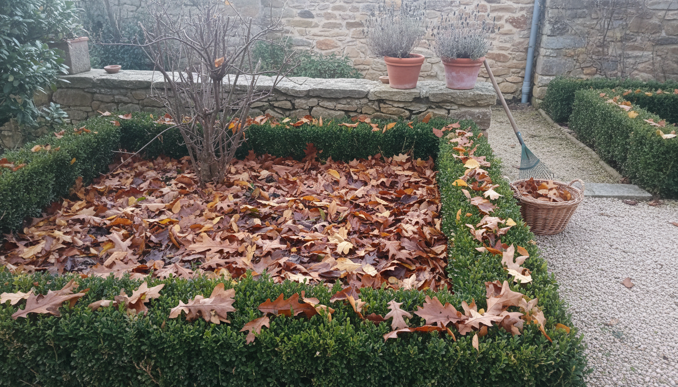 Capa de hojas caídas de roble y haya bajo un seto en un jardín español al final del otoño