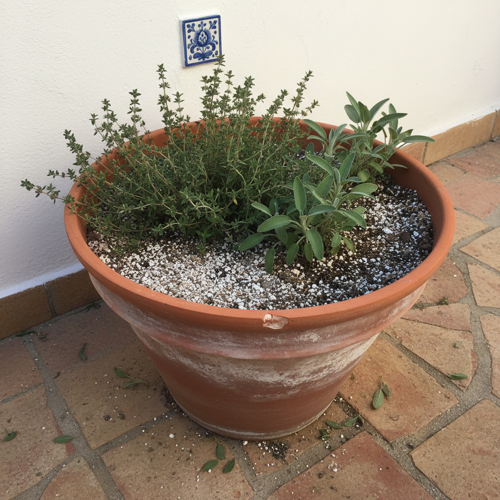 Maceta de barro grande con tomillo y salvia en una terraza encalada con sustrato visiblemente seco