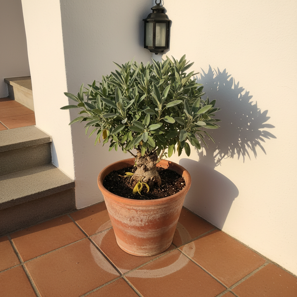 Maceta de salvia bien asentada en su rincón soleado de un patio español, sin moverla en años