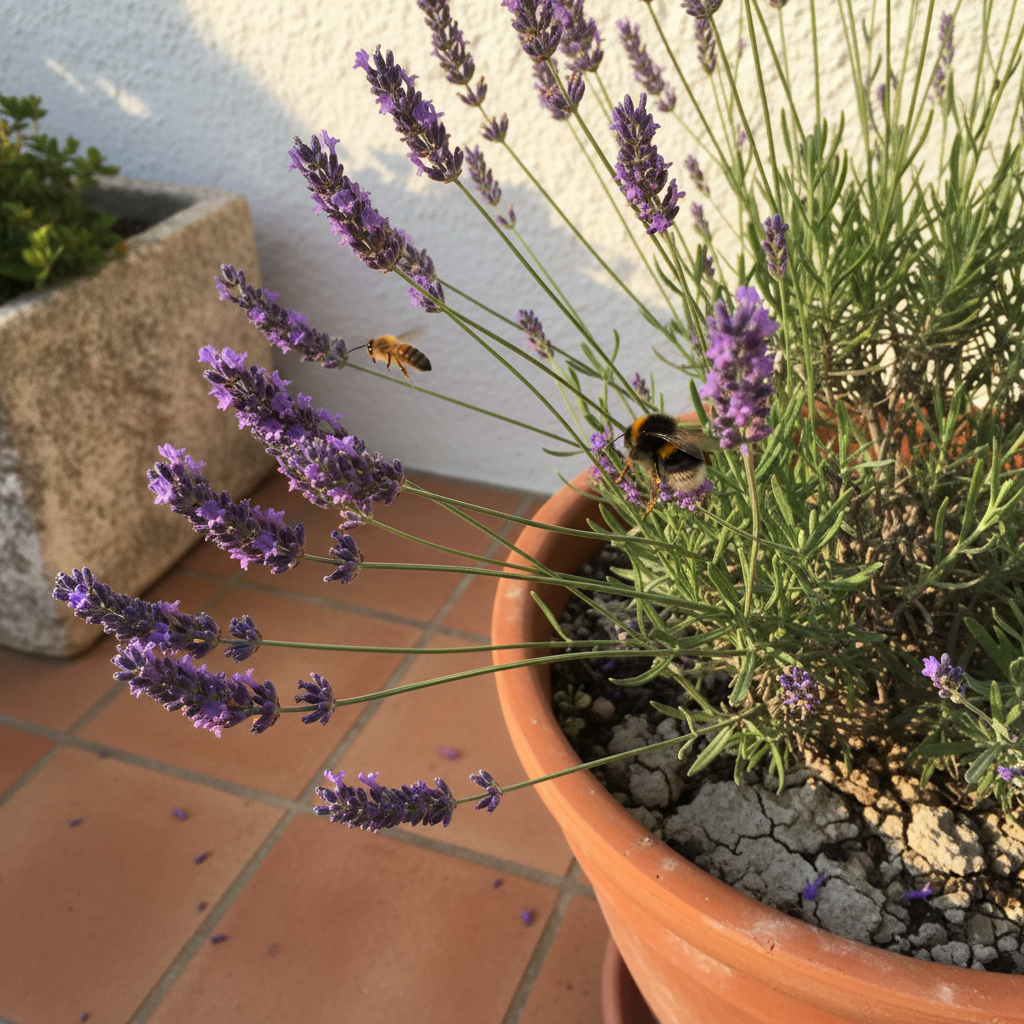 Espigas violetas de lavanda con un abejorro libando en un patio mediterráneo a media mañana