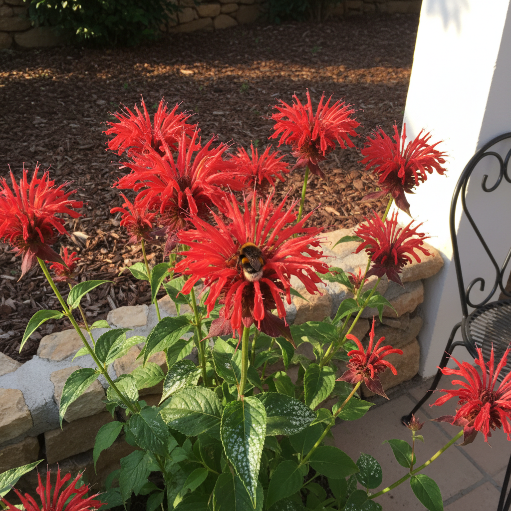 Flores rojas despeinadas de monarda con un abejorro entre las hojas en pleno julio.