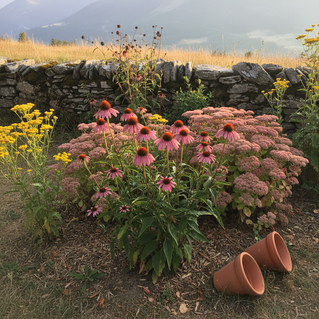 Equinácea púrpura y cabezas planas de sedum de otoño rosa en un macizo soleado de finales de verano.