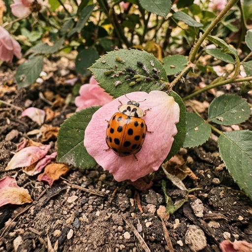 Mariquita arlequín naranja con múltiples puntos negros sobre una flor de rosal, pronoto claro con dibujo en M visible.