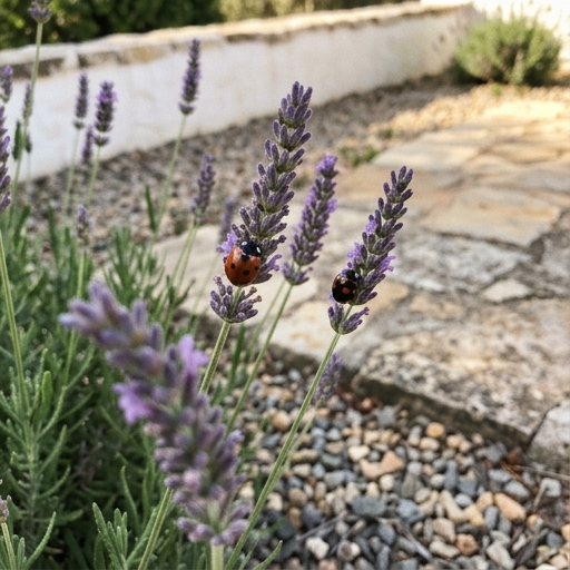 Mariquita de siete puntos (Coccinella septempunctata) junto a una de dos puntos sobre tallos de lavanda en un jardín español.