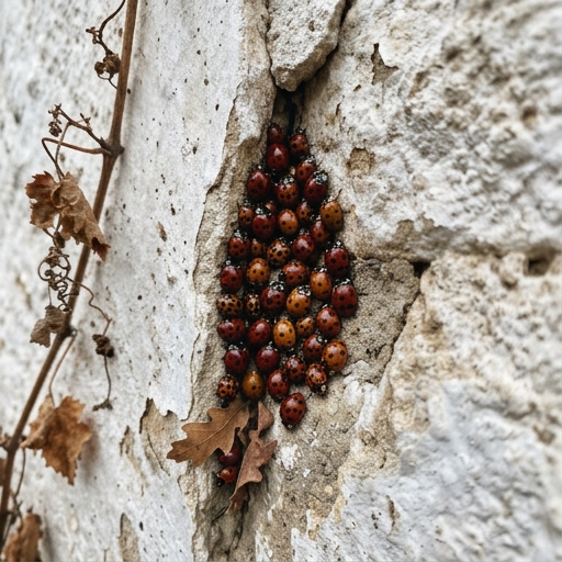Grupo de mariquitas asiáticas agrupadas en grieta de muro encalado en otoño, buscando refugio para invernar.