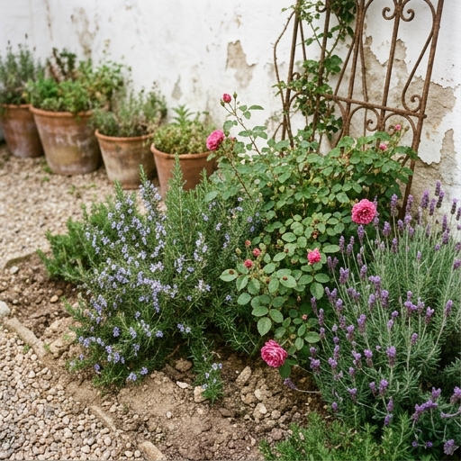 Jardín diverso con aromáticas en flor y rosales, rincón apto para mariquitas autóctonas, sin insecticidas.