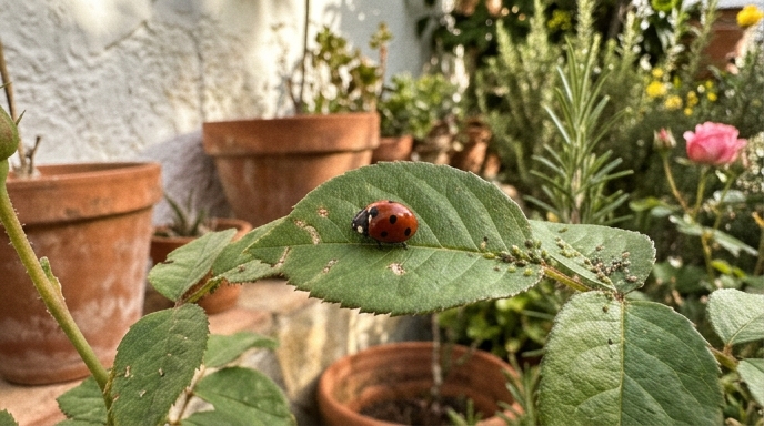 Mariquita roja de siete puntos posada sobre una hoja de rosal en un jardín mediterráneo con macetas de barro al fondo.