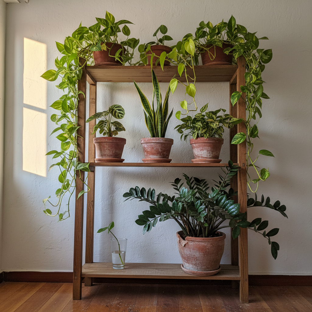 Estantería de madera con plantas a tres alturas: potos colgantes arriba, filodendros y sansevieria a media altura