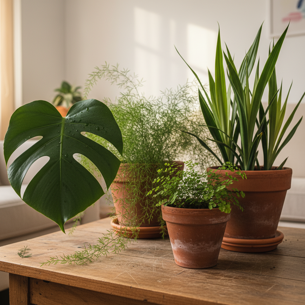 Detalle de contraste de texturas: hojas grandes de monstera junto al follaje plumoso de una esparraguera y un culantrillo