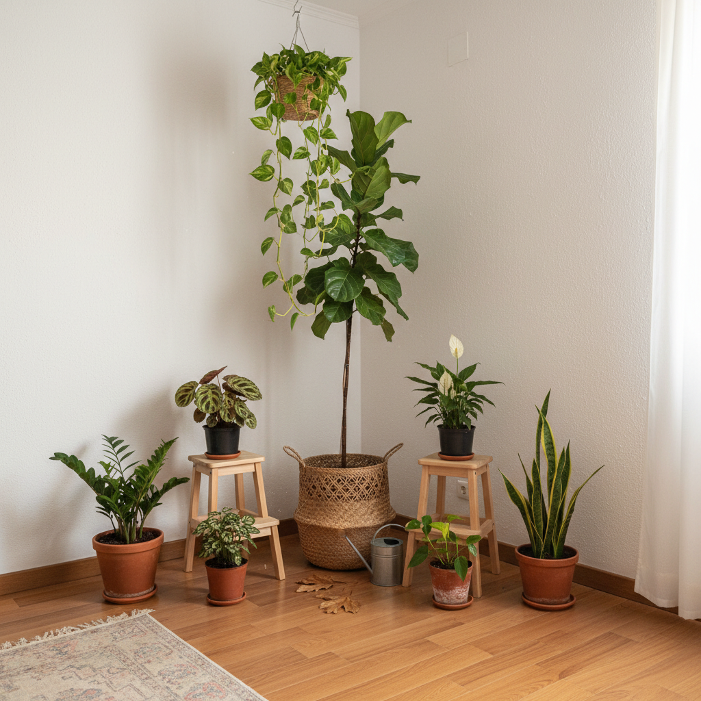 Rincón de salón español visto desde lejos con un ficus lira de ancla y plantas medianas en semicírculo a su alrededor