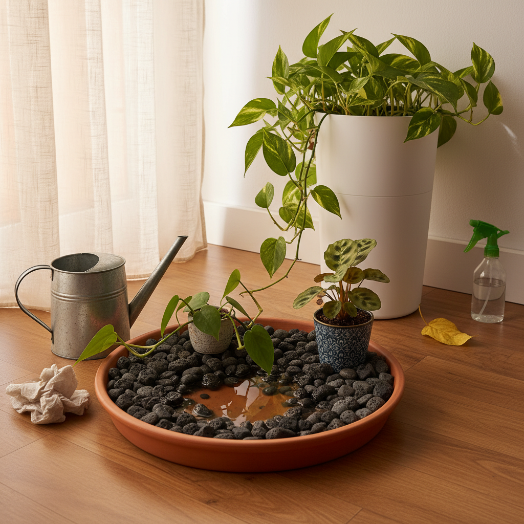 Regadera metálica y bandeja con guijarros y agua en el suelo de madera junto a un grupo de plantas tropicales
