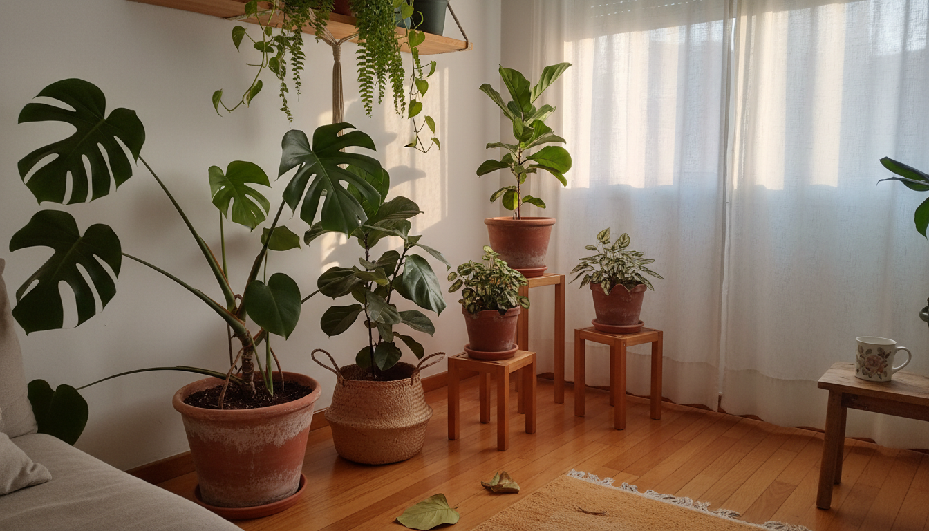 Rincón selva de un salón español con monstera, potos colgante, ficus lira y helecho de Boston a varias alturas