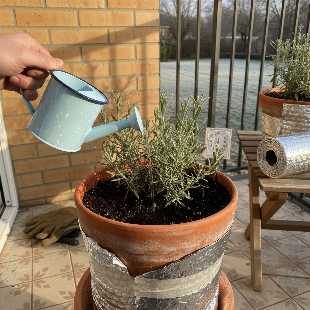 Mano regando una maceta forrada con burbuja aluminizada en un balcón soleado de invierno