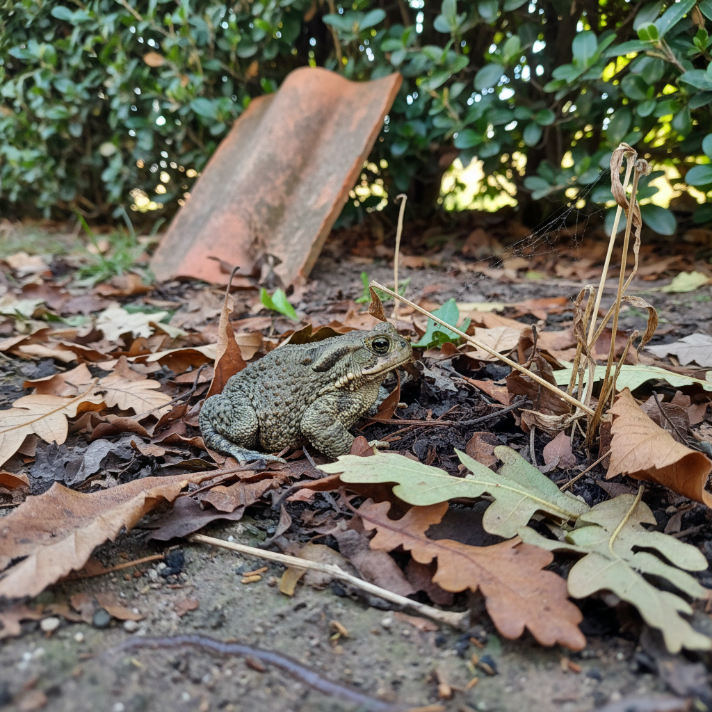 Sapo común sobre hojarasca húmeda y oscura en la base de un montón de hojas en un jardín español