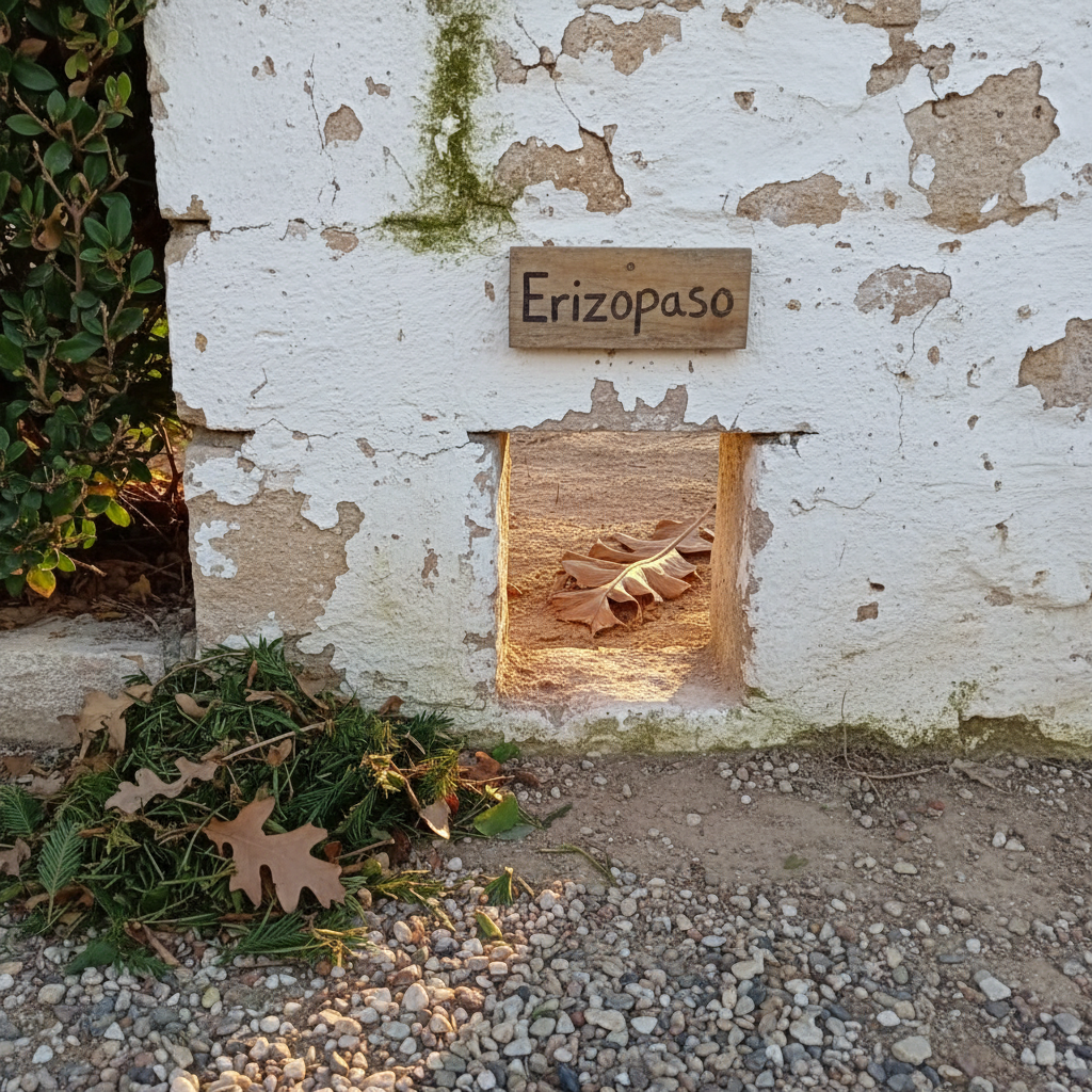 Pequeña abertura erizopaso de unos 13 cm en la base de un muro de piedra junto a hojarasca