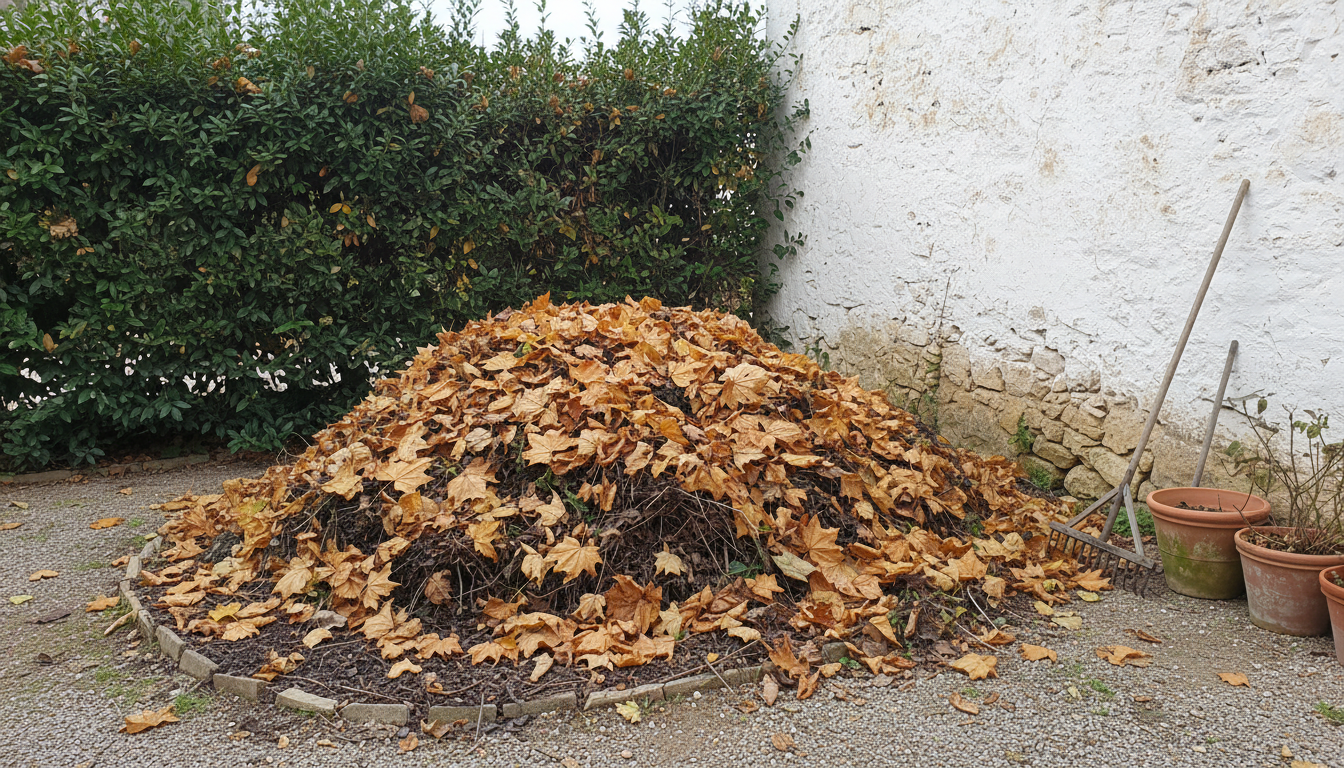 Montón de hojas secas apilado contra un seto en una esquina sombría de un jardín español a finales de otoño