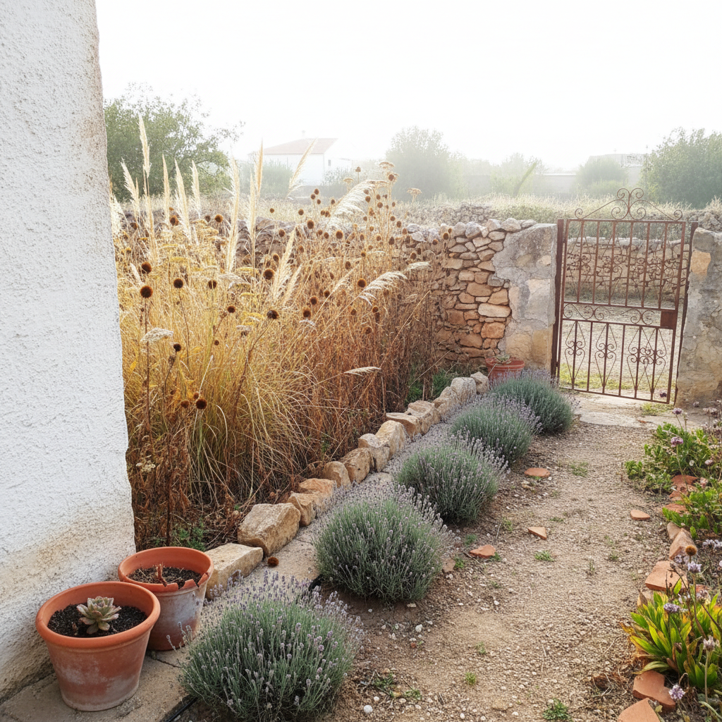 Arriate trasero de jardín español con plantas secas en pie, contrastando con un seto recortado más cercano a la fachada
