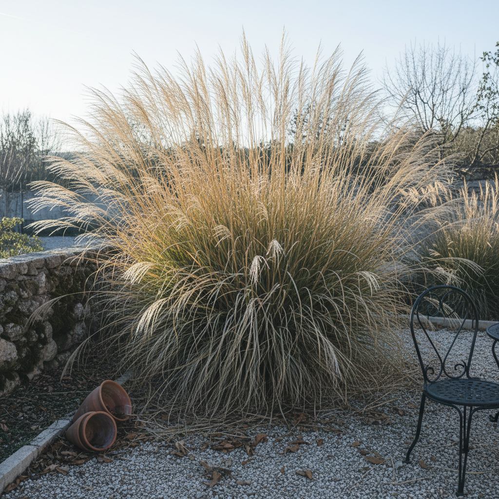 Mata de Stipa gigantea con espigas doradas en pie en un jardín seco mediterráneo a primera hora de la mañana