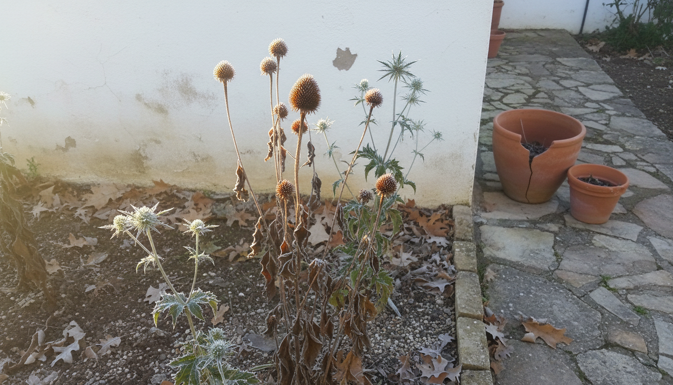 Arriate invernal con tallos secos de equinácea y cardo corredor cubiertos de escarcha junto a un muro encalado español