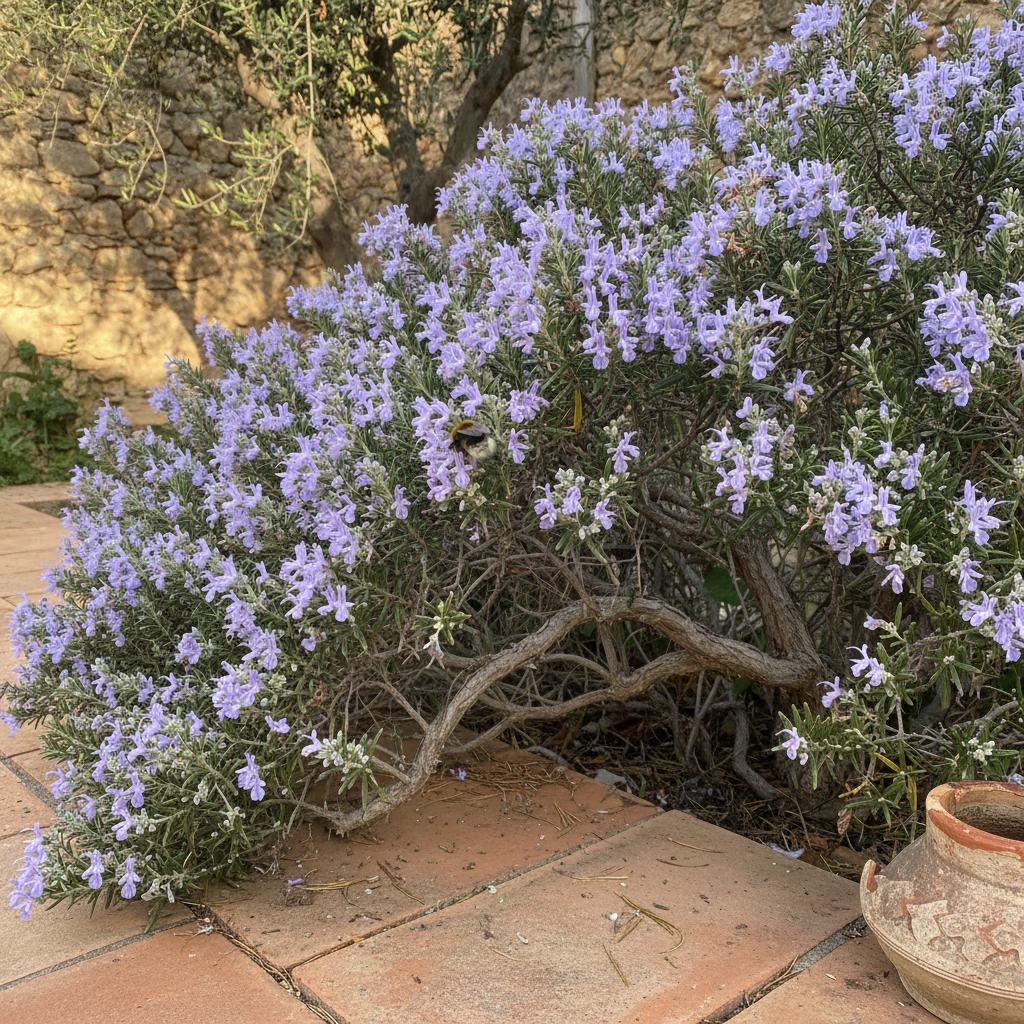 Mata de romero en flor con abejorro libando flores azules junto a un muro de piedra.