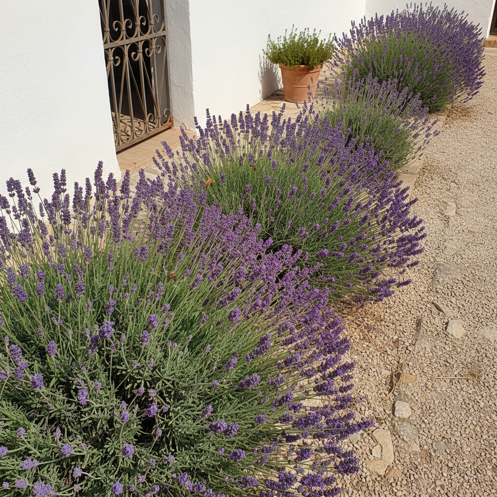 Hilera de lavanda inglesa en plena floración con abejas trabajando entre las espigas violetas.