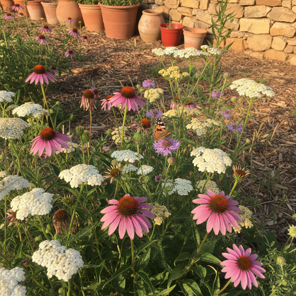 Equinácea púrpura, escabiosa y milenrama en un bancal soleado con sírfidos y una mariposa posada.